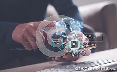 AI chatbot, man using chatbot in smartphone intelligence Ai. Chat with AI Artificial Intelligence, Stock Photo