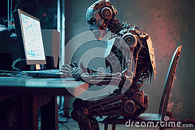 AI chatbot robot sitting at desk typing on computer keybord - generative AI Stock Photo