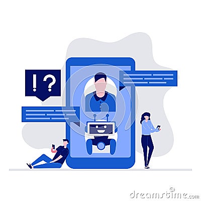 AI Chatbot Support and FAQ vector illustration concept with characters. Customers chatting with bot on smartphone, asking Vector Illustration