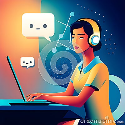 Ai Chatbots working and chatting on computer with headphone, Generative Ai Stock Photo