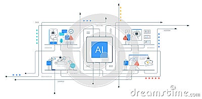AI chip connection. Digital technology, robots, automation processes, machine line icons, and people characters Vector Illustration