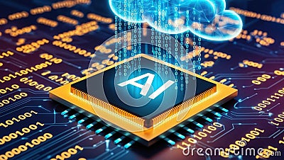 AI chip surrounded by dynamic binary code streams flowing into holographic cloud interface, representing advanced technology and Stock Photo
