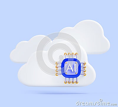 AI clouds with chip in blue sky background 3d render. Artificial intelligence service, virtual gpu platform for cloud Cartoon Illustration