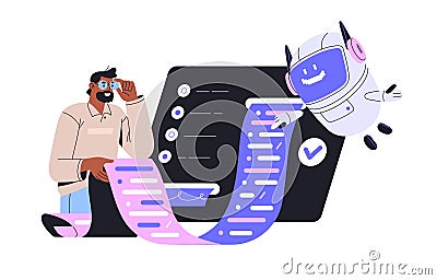 AI computer help to programmer writing, check, scan code. Robot and man coworking in programming, work. Modern Vector Illustration
