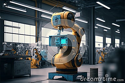 AI computer technology smart factory, industry 4.0, M2M computer aided manufacturing , robot working in factory Stock Photo