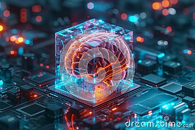 AI concept Brain encased in transparent cube on microchip circuitry Stock Photo