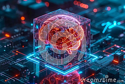 AI concept Brain encased in transparent cube on microchip circuitry Stock Photo