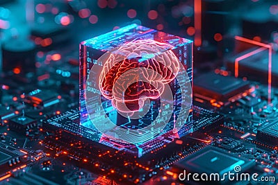 AI concept Brain encased in transparent cube on microchip circuitry Stock Photo