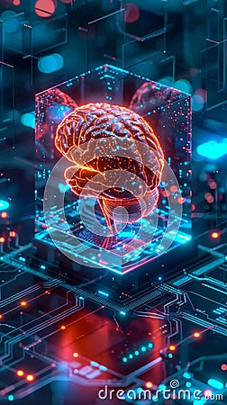 AI concept Brain encased in transparent cube on microchip circuitry Stock Photo