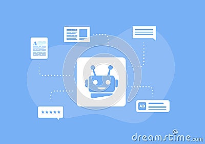 AI Content Generator and artificial intelligence writer bot concept. Developing content for ecommerce websites, articles Vector Illustration