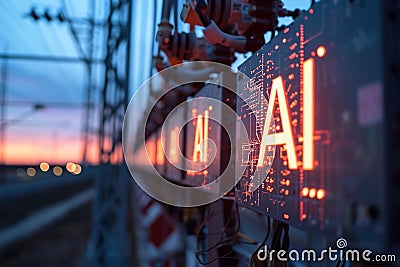 An AI controlled electrical switchboard placed on a street pole to transmit electricity. Glowing text AI Stock Photo