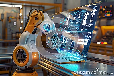 AI controlled robotic arm manages products in advanced manufacturing setting Stock Photo