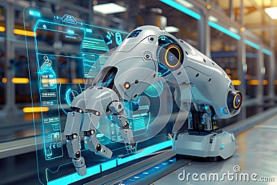 AI controlled robotic arm manages products in advanced manufacturing setting Stock Photo