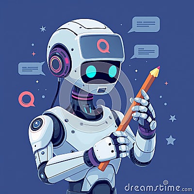 Drawing with a pencil and using chatgpt with open ai, this artificial intelligence copywriter bot illustrates generative AI c Cartoon Illustration
