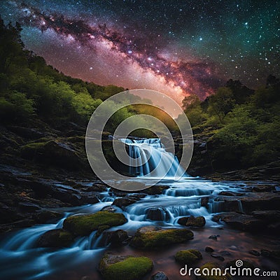 AI-crafted celestial waterfall under a starry night – a masterpiece of natural and cosmic artistry. Stock Photo
