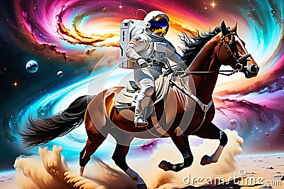 Celestial Leap: Horse Galloping Through a Nebula Mid-Jump Over a Floating Astronaut in a Sleek Space Suit Stock Photo