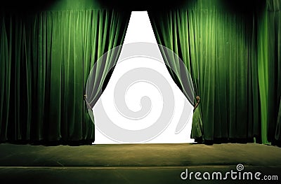 green velvet curtains draped on a empty stage. wood floor. Cartoon Illustration