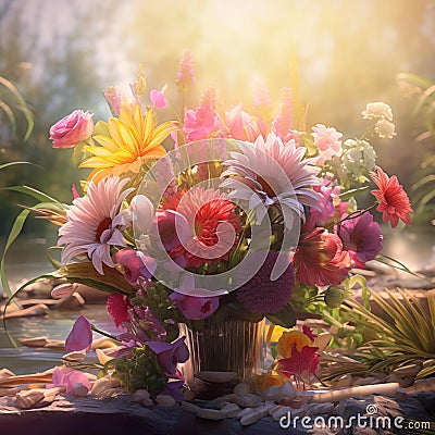 AI creates clear images of cinematic photography day wedding flowers decor influenced heavily aesthetics for a fun Stock Photo