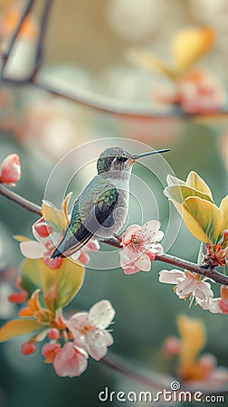 AI creates an image of a humming bird flying to drink nectar from a beautiful flower. Stock Photo