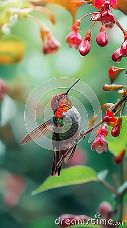 AI creates an image of a humming bird flying to drink nectar from a beautiful flower. Stock Photo