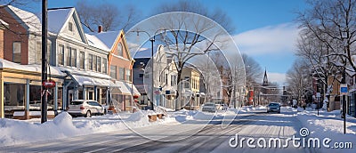 AI creates image of typical landscape, in city, houses, a little bit of snow, Stock Photo