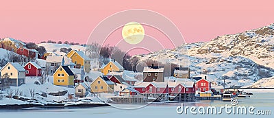 AI creates image of typical landscape, in city, houses, a little bit of snow, drone view Stock Photo