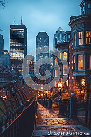 AI creates images of buildings with walkways and lights, European style, in the rainy season, Stock Photo