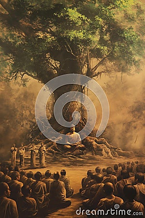 AI creates images, clear photos of monks, priests meditating In front of the Buddha statue, practicing Dhamma Stock Photo