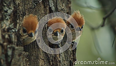 AI creates images of Curious baby WOODPECKERS peeking behind the tree trunk high resolution photography, Stock Photo