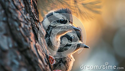 AI creates images of Curious baby WOODPECKERS peeking behind the tree trunk high resolution photography, Stock Photo