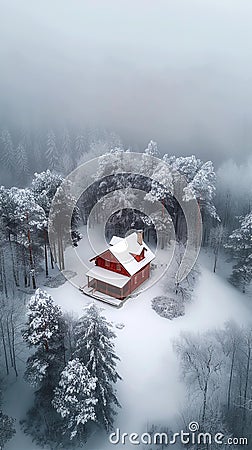 AI creates images of Drone photo of small cottage in forest, in a romantic foggy snowy landscape Stock Photo