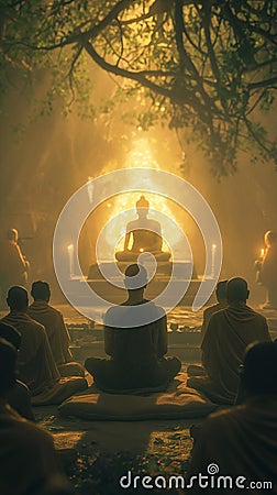 AI creates images, many monks Sitting and bowing down to the Buddha image, the concept of important Buddhist days Stock Photo