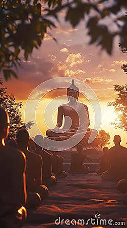 AI creates images, many monks Sitting and bowing down to the Buddha image, the concept of important Buddhist days Stock Photo