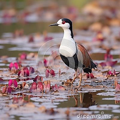 AI creates images of a Pheasant-tailed Jacana bird in a white lotus pond.Colorful images Stock Photo