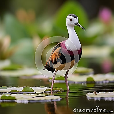 AI creates images of a Pheasant-tailed Jacana bird in a white lotus pond.Colorful images Stock Photo