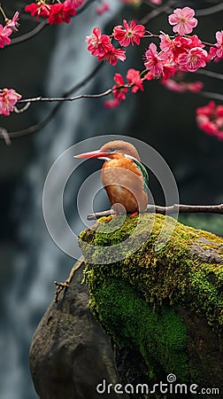 AI creates images of A Ruddy kingfisher sits on a fallen cherry blossom branch Stock Photo