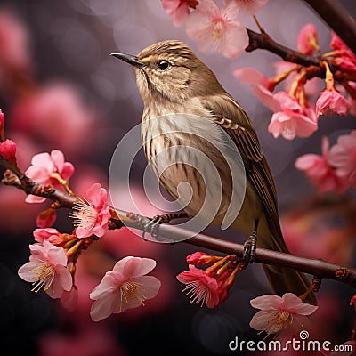 AI creates images of sparrows sitting on the branches of cherry blossom trees Stock Photo