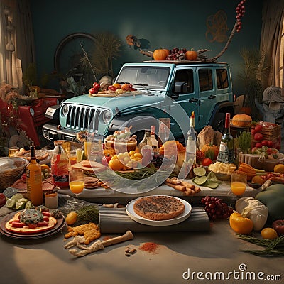 AI creates images, travel and dining tables filled with various kinds of food. Stock Photo