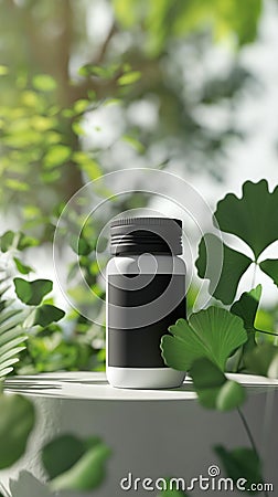 AI creates images of White supplement bottle with a black label on front. Stock Photo