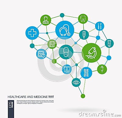 Healthcare, psychology, medicine and medical service integrated business vector icons. Digital mesh smart brain idea Vector Illustration