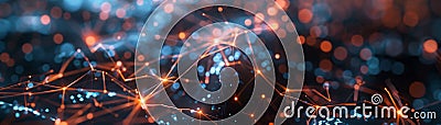 AI cyber security, Abstract AI network defense with glowing neural connections shielding data from shadowy figures in a Stock Photo