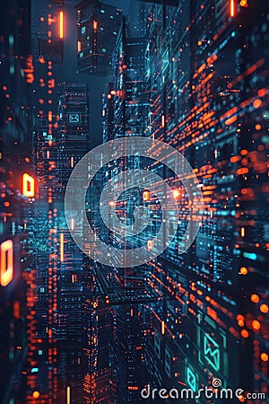 AI cyber security, Dynamic virtual landscape with reinforced firewall, browsers, devices, and lines of code. AI cyber security Stock Photo