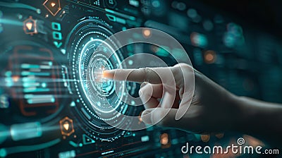 AI cyber security, Hand pointing at glowing virtual security hologram surrounded by digital codes in high-tech environment. Stock Photo