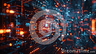 AI cyber security, Virtual landscape with secure browser connections and firewall graphic, lines of code cascading down. Stock Photo
