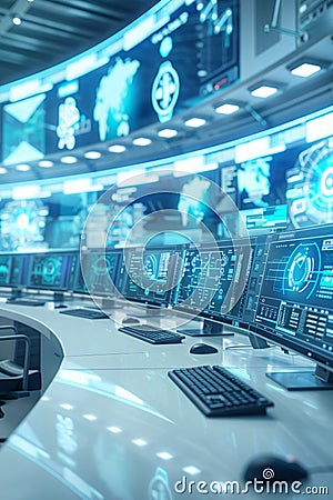 AI cyber security, Virtual simulation of malware prevention techniques in high-tech control room for cyber security monitoring. Stock Photo