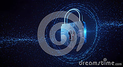 Futuristic Cybersecurity Concept with Digital Lock and Binary Code Cartoon Illustration