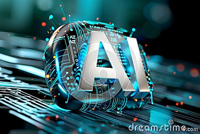 AI Data Sphere in Cybernetic Environment, Glowing Blue Digital Ball, Tech Sphere, AI Data Analysis, Futuristic Information Netw Stock Photo