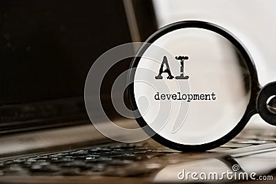 AI development technology demonstrated with laptop, text and magnifying glass and command prompt. Chat with artificial Stock Photo