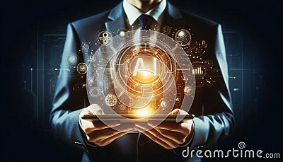 AI digital technology, Businessmen demonstrate to use AI artificial intelligence technology to analyze data increase work Stock Photo