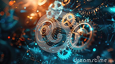 AI-driven data analytics depicted through a complex clockwork mechanism of gears and cogs. AI insights Stock Photo